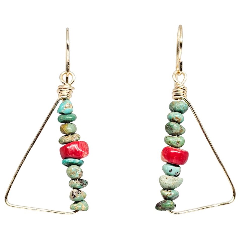 Handmade Red Bamboo Coral Gemstone Gold Tone Triangle Geometric Boho Earrings